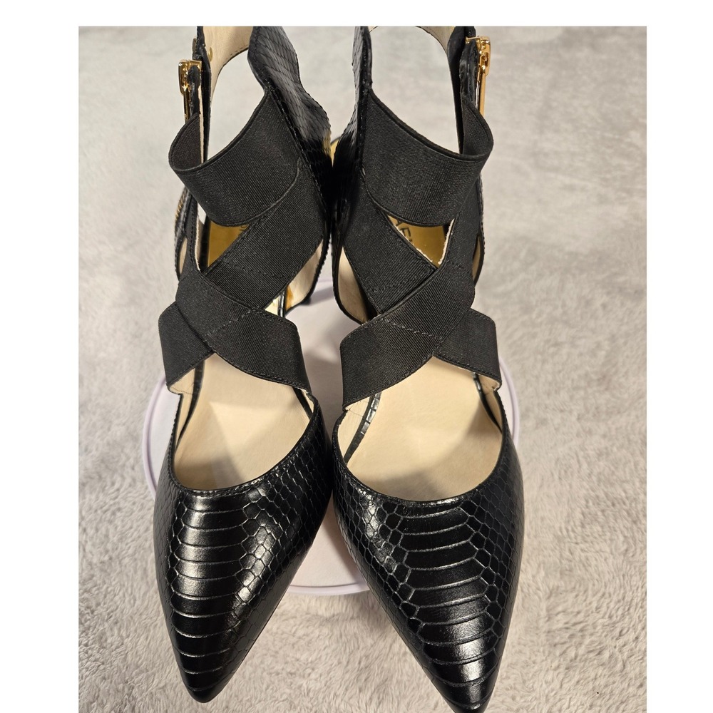 Michael Kors Black Snakeskin Embossed Elastic Strap Pointed Toe Pumps Size 9.5M - Picture 2 of 10